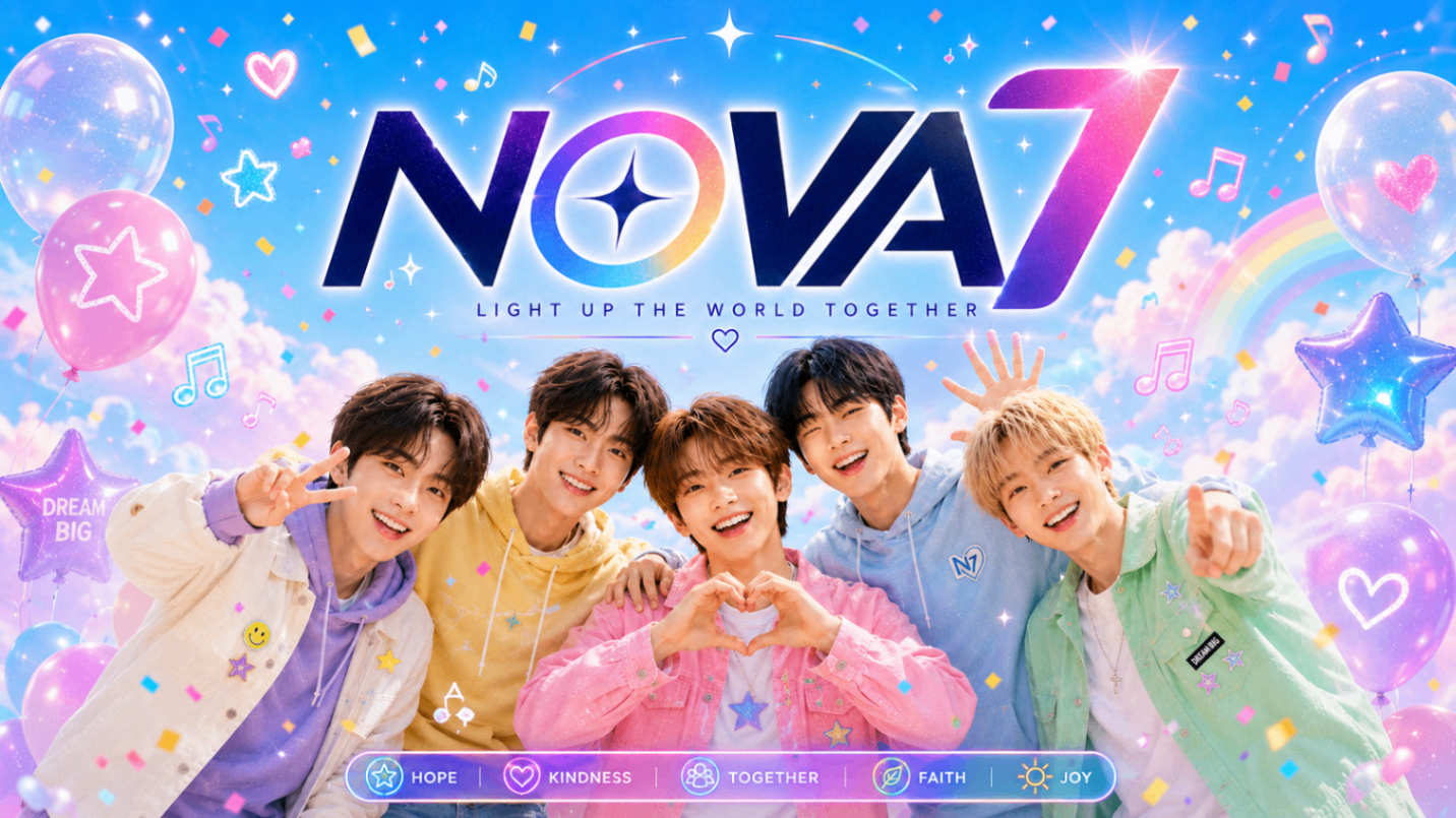 NOVA7 performers smiling together beneath colorful stars, balloons, and music notes